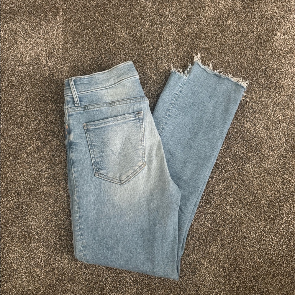 MOTHER Light Blue Cropped Jeans with Frayed Hem